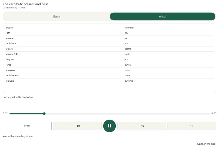 Lesson player: a grammar lesson at A2 with Listen and Watch tabs, a verb table on a slide, a subtitle, speed and ten-second skip buttons.
