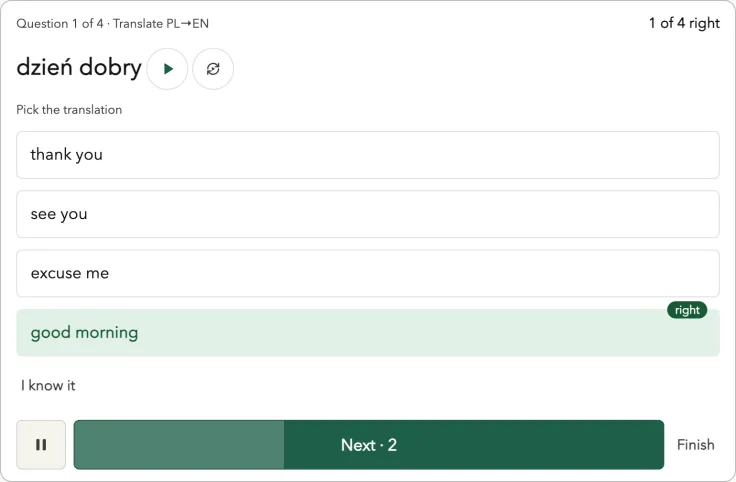A Talkfirst quiz: a phrase in the language you’re learning and translation options.