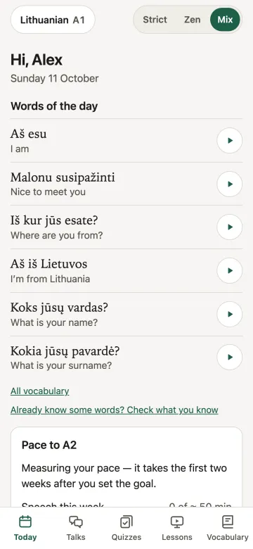 Today screen of the app in Telegram: words of the day with play buttons, the whole vocabulary link, a check of words you already know, a pace card and the tabs at the bottom.