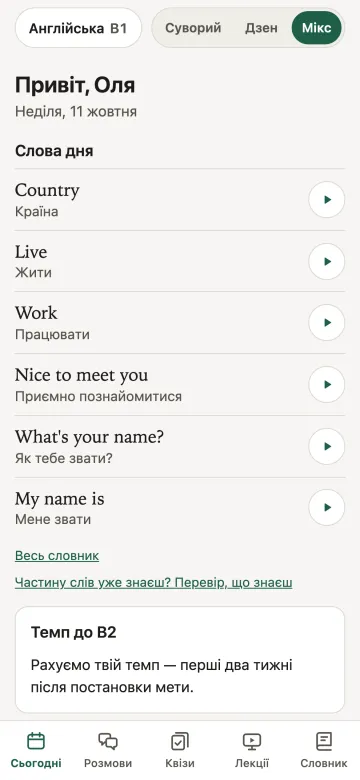 Екран «Сьогодні» застосунку в Telegram для курсу англійської B1: слова дня, «Весь словник», «Перевір, що знаєш» і картка «Темп до B2» про те, що темп рахується в перші два тижні після постановки мети.